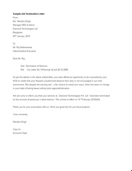 sample job termination letter template