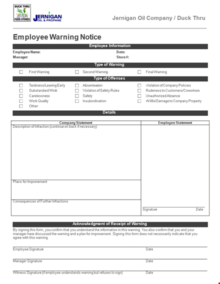 employee warning notice | get a written warning from the company template