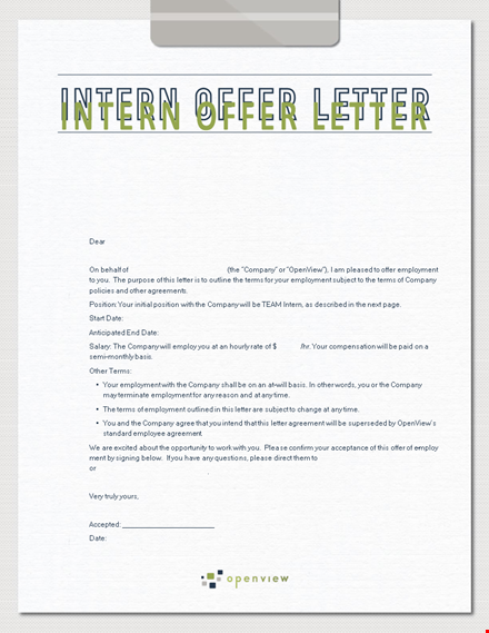 marketing internship offer letter sample template