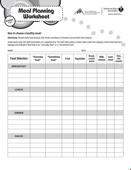 dinner meal plan template template
