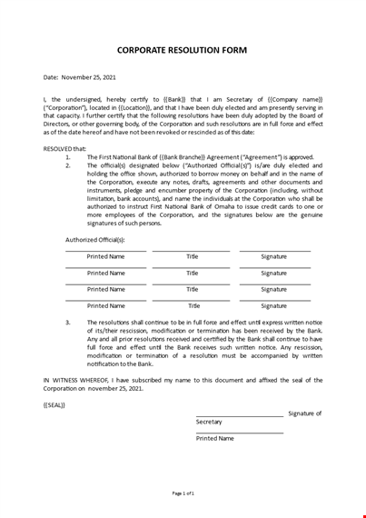 corporate resolution form template