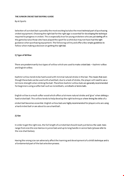 cricket bat size chart template - find the right willow for junior players template