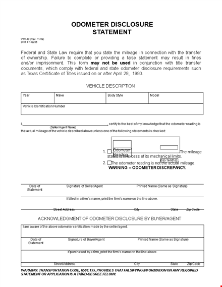 secure odometer disclosure statement | state-compliant agent form template