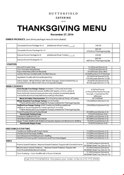 thanksgiving menu template - delicious ingredients, serves and turkey pound options template
