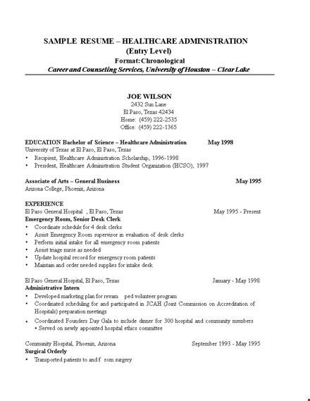 healthcare administration resume example in texas | hospital template