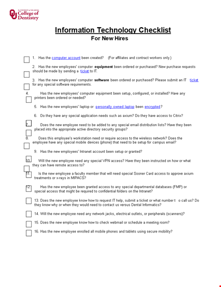 new employee computer checklist template template