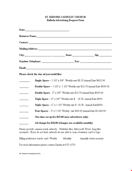 request church bulletin advertisement form | weekly, please | annual space template