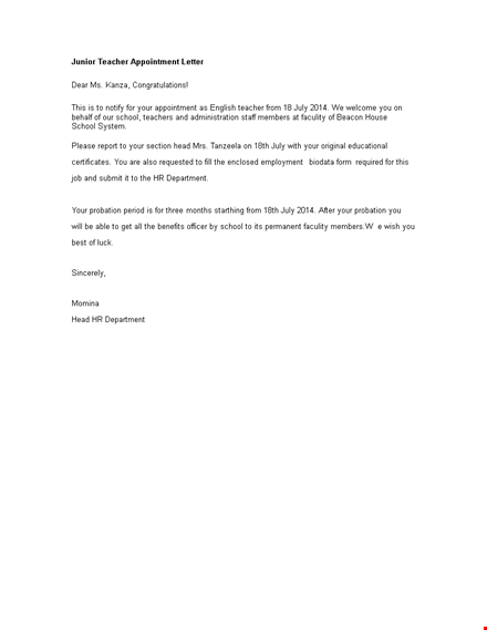 junior teacher appointment letter template