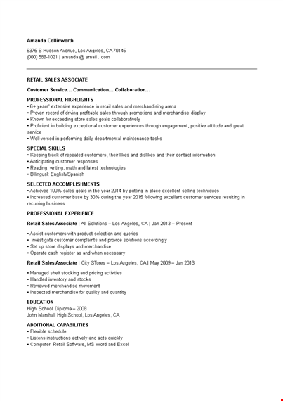 retail sales associate resume template