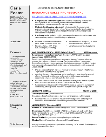 insurance sales agent resume template