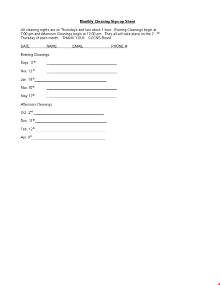 sign up sheet for evening cleanings - begin cleaning now | template for cleaning template
