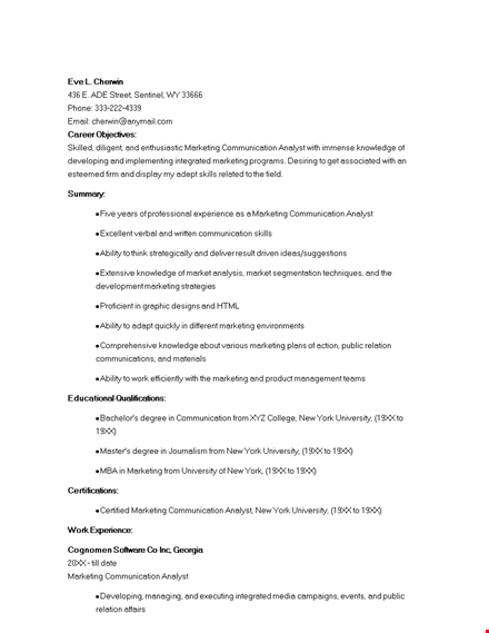 marketing communications analyst resume template