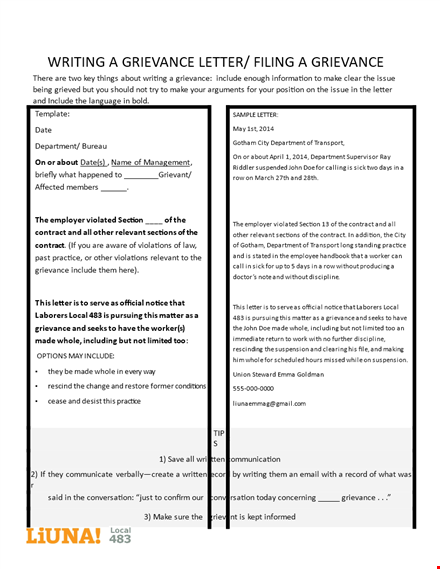 free formal grievance letter example template