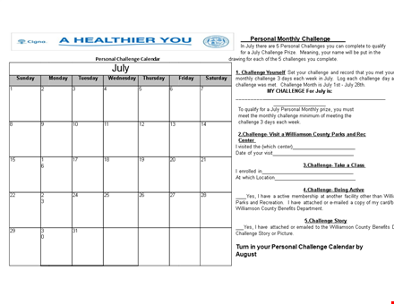 personal monthly challenge calendar template