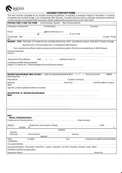 hazard incident report form | capture illness, details, and injury incident information template