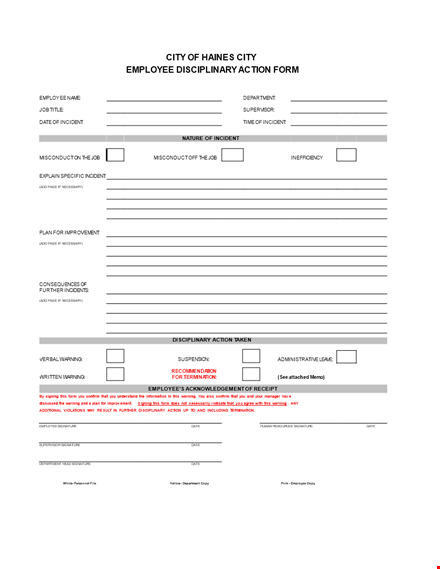 employee disciplinary action form - warning for incident with signature template