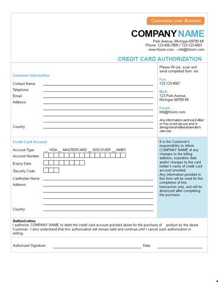 credit card authorization form template - secure account payment | hloom template