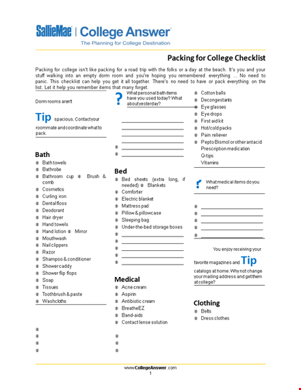 college packing checklist template - essential items for college paper template