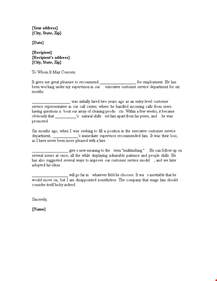 customer service recommendation letter template