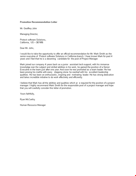 promotion recommendation letter format template