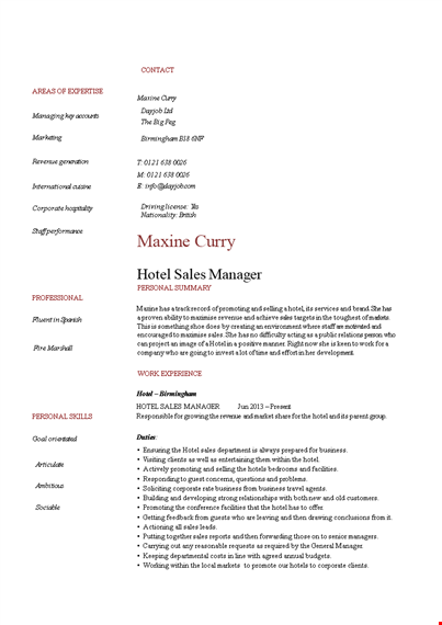 hotel sales assistant resume template