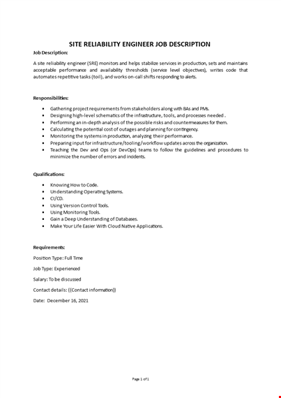 site reliability engineer job description  template