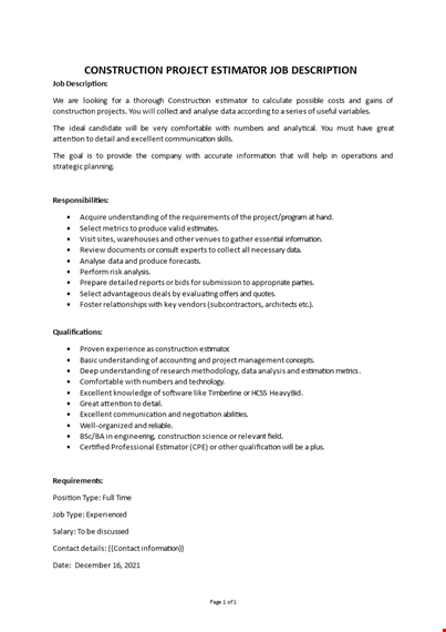 construction project estimator job description template