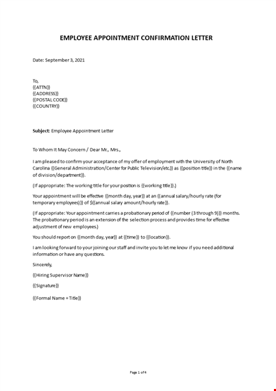 confirmation letter for employee appointment template