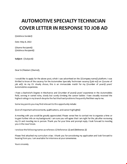 automotive specialty technician cover letter template