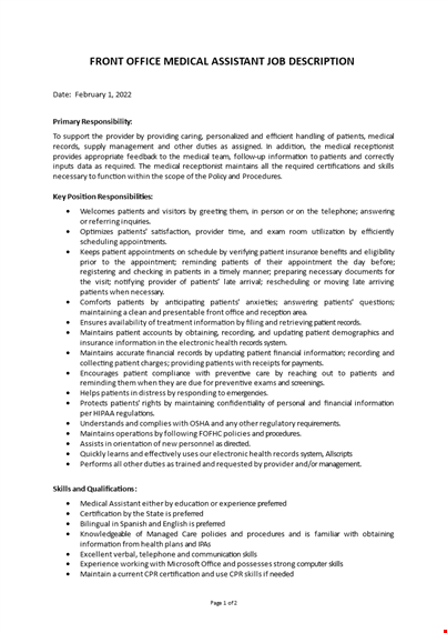 front office medical assistance job description template