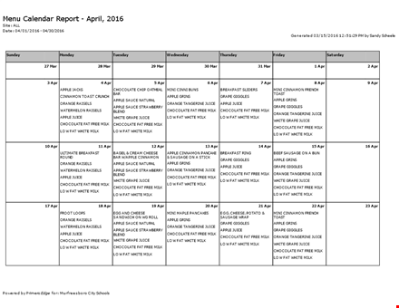 menu calendar free pdf template download template