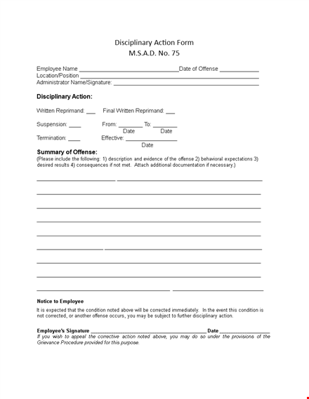 disciplinary action: employee write up form for offenses template