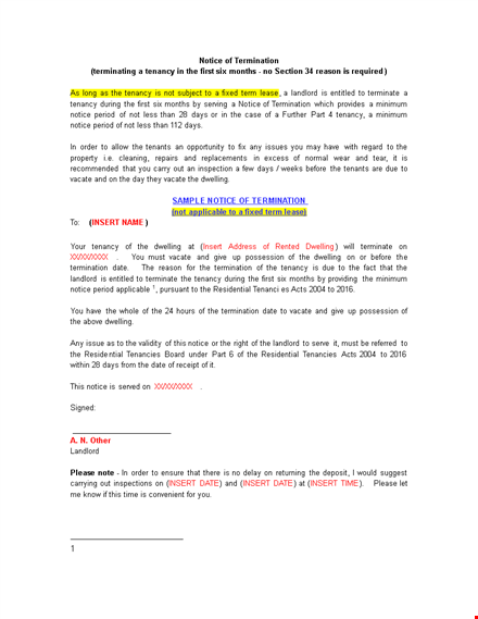 tenancy termination notice letter template