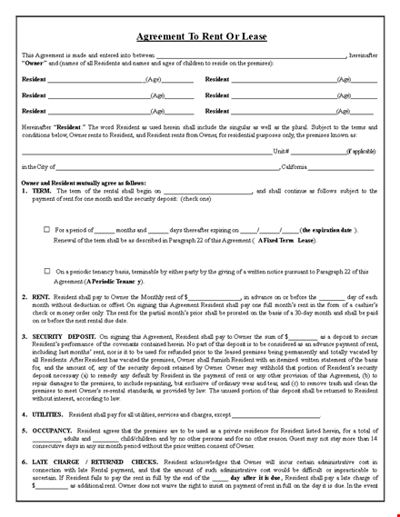 rent lease agreement form template
