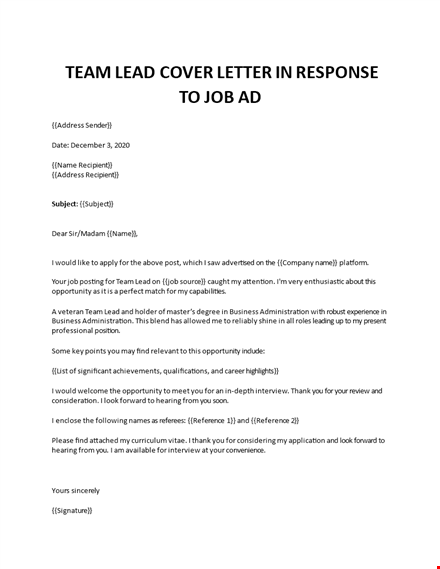 cover letter for team leader position template