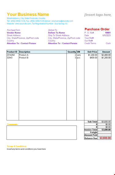 order now: purchase order template with street address & state template