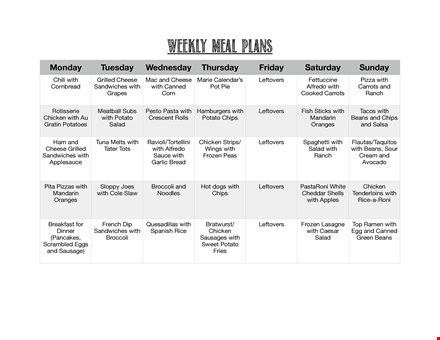 weekly meal calendar template