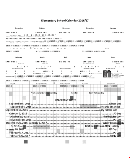 elementary school calendar template