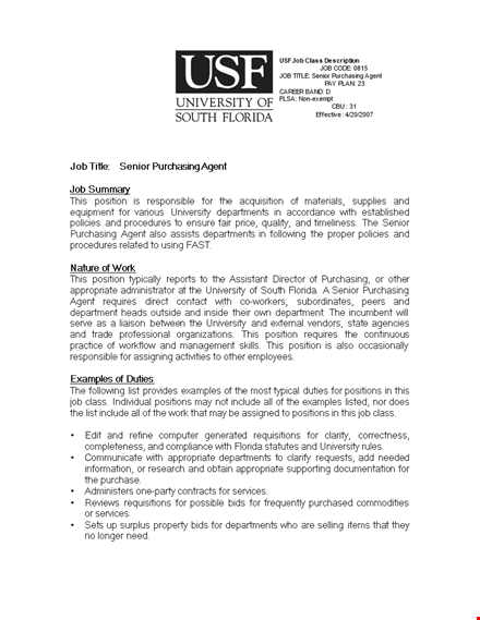senior purchasing agent job description - proposal position in senior purchasing departments template