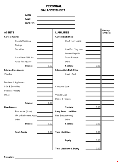 personal budget balance sheet excel template