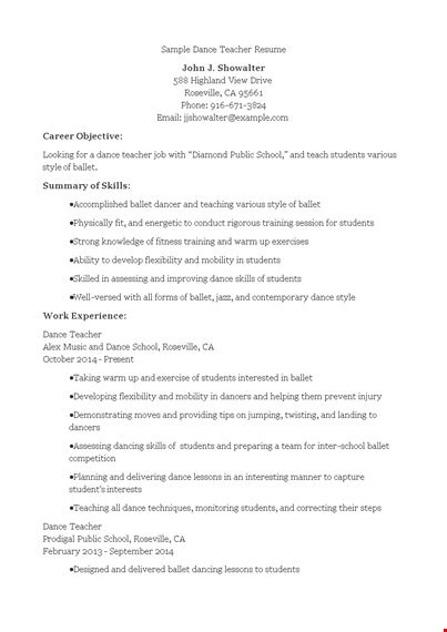 sample dance teacher resume template