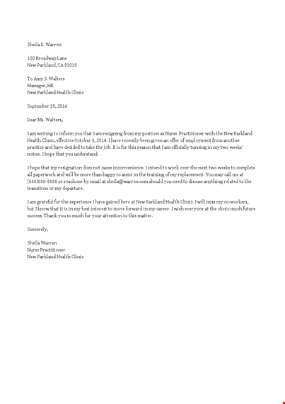 nurse practitioner resignation letter template