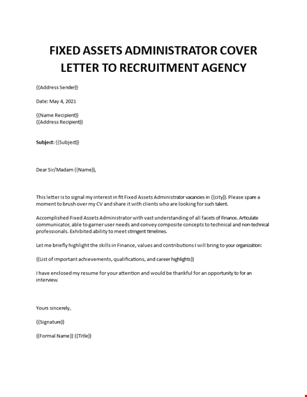 fixed assets administrator cover letter  template