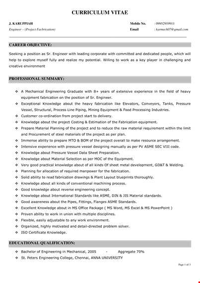 production engineer - project & material knowledge for efficient fabrication template