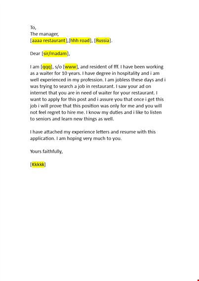 application for employment as waiter template