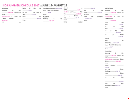 kid’s summer schedule template