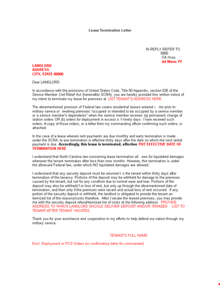 sample lease termination letter template