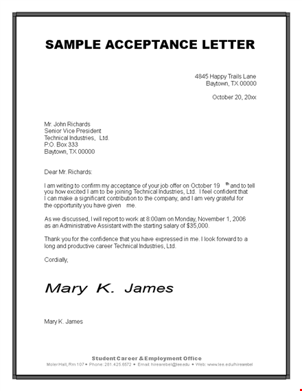 accepting job offer at technical industries: baytown | sample job acceptance letter template