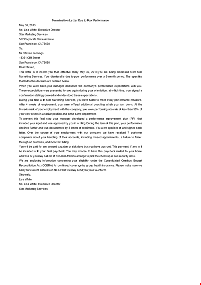 contract termination letter due to poor performance template