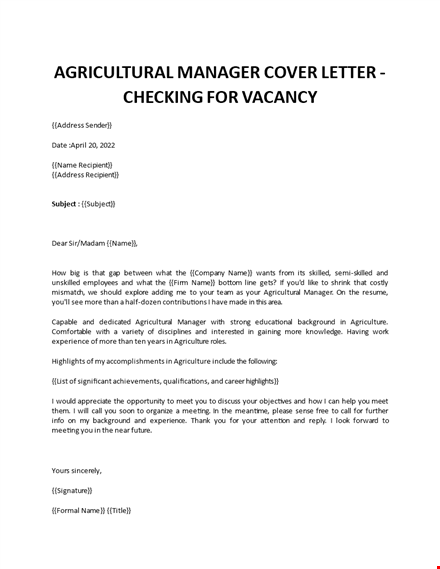 agricultural manager application letter template